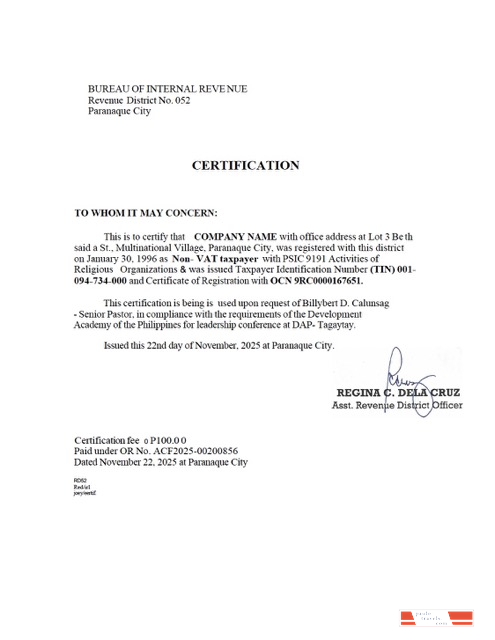 Philippines tax certification Word and PDF template